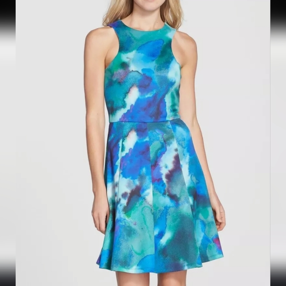 CeCe Blue Teal Watercolor Print Mini Dress, Woman’s Sz M